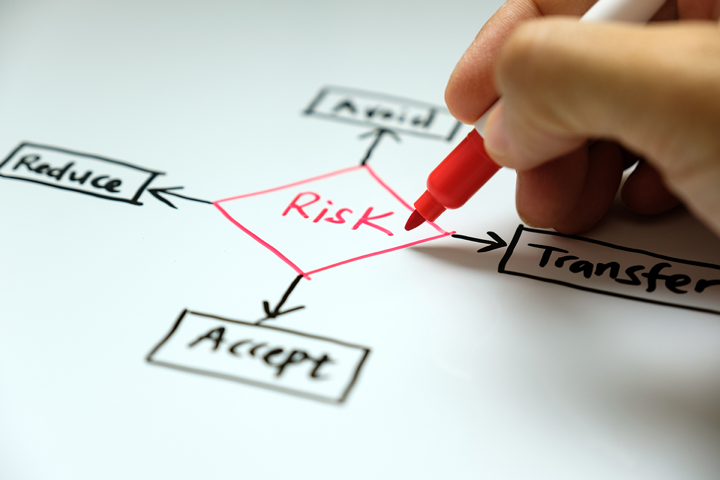 Businessman hand writing risk management concept avoid, accept, reduce and transfer